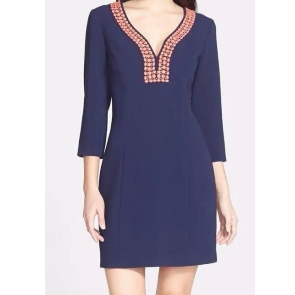 Lilly Pulitzer BENNETT Shift True Navy Blue Coral Beads Jewel Dress 6 3/4 sleeve